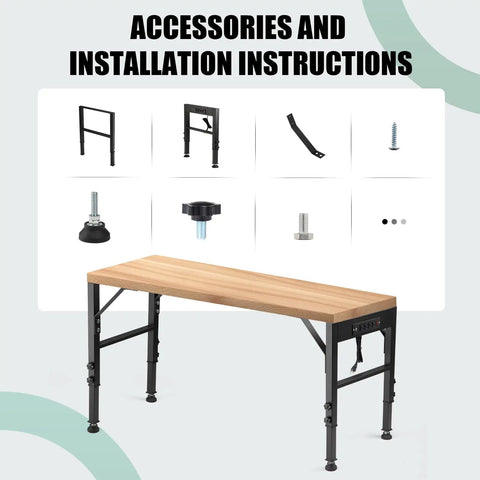 Accessories and installation instructions for Heavy Duty Height Adjustable Workbench Frame Built Like A Beast Featuring Quick Connect AC And Dual USB Ports.