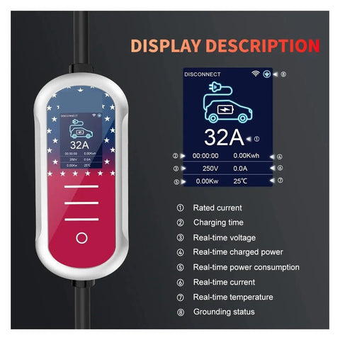 Premium 7kw Type One Evse Wallbox Charger For Electric Rides 32 Amps has a LED display showing charging data.