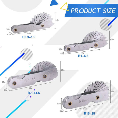 4 Pack Radius Gauge Set R0.3 To 1.5 mm R1 To 6.5 mm R7 To 14.5 mm R15 To 25 mm Stainless Steel Fillet Gauges Product Size