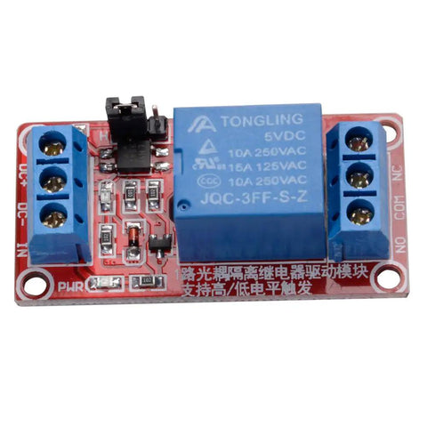 Front view of Four Pack 5V 1 Channel Relay Module Shield With Optocoupler, High And Low Level Trigger for microcontrollers.