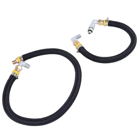 Upgrade Your Ride With A Premium 2PC Fuel Line Kit For Ford E250 E350 F250 F350 From 1988 To 1994, Perfect For The 6.9L And 7.3L IDI Diesel Engines To Keep The Flow Crisp. Two black braided fuel hoses with metal fittings for Ford diesel fuel line replacement.