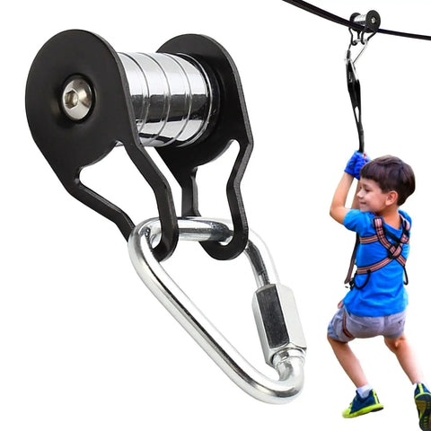 Heavy Duty Slack Line Pulley for Backyard Obstacle Courses 400 pound capacity with child gliding, steel rollers, and carabiner