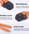 Ratcheting Crimping Tool Kit For 15A 30A 45A Connectors with well-polished jaw, built-in locator, and comfort handle detail