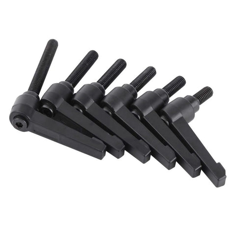 Set of adjustable clamping levers with external male threads for machinery, ratchet style handle knob with locking push button, M8 size.