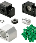 Components of Beefy HGR20 1500mm Linear Guide Rail Kit with RM1605 ballscrew, ball nut, BF12 BK12 nut, and coupling