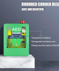 Green wall-mounted AED cabinet with transparent viewing window, red alarm beacon, and side handle