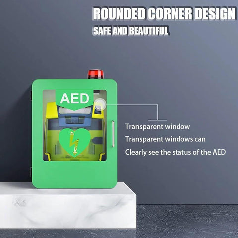 Green wall-mounted AED cabinet with transparent viewing window, red alarm beacon, and side handle