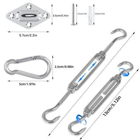Built Tough All-In-One Sun Shade Sail Hardware Kit With M5 Stainless Steel Hooks And Fasteners, dimensions and components