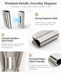 Close-up of heavy duty magnetic curtain clips made from brushed stainless steel for blackout windows, showcasing strong hold and rounded edges.