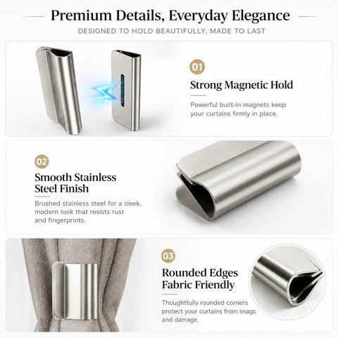 Close-up of heavy duty magnetic curtain clips made from brushed stainless steel for blackout windows, showcasing strong hold and rounded edges.