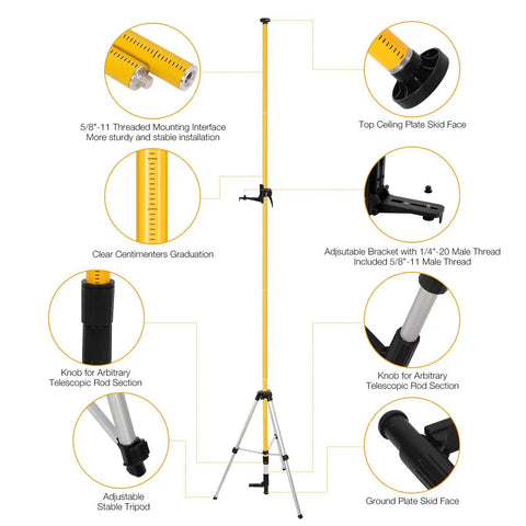Pro Grade Telescoping Laser Level Pole With Tripod And Mount, 12 Foot Reach, detailed features and specifications