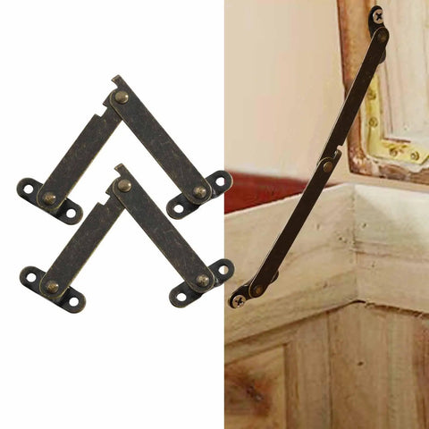 Two Piece Lid Support Hinges for Cabinet Doors, Folding Lift Up Struts, sturdy metal iron construction on wooden box.
