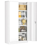 Tough As Nails Heavy Duty Steel Closet 72 Inch Tall Lockable Storage Cabinet With Four Adjustable Shelves For Garage Workshop Or Home Office Top Shelf White Metal Cupboard showcasing organized interior with baskets and appliances.
