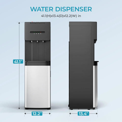 Front and side view of bottom loading water cooler dispenser with cold warm and hot, for 5 gallon bottles, LED display, child lock.