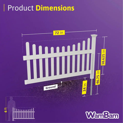 Illustration showing dimensions of Scallop Top White Vinyl Picket Fence Kit No Dig With 1 Panel 1 Post Easy Install Outdoor Barrier