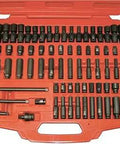 One Quarter Inch Drive SAE And Metric Impact Socket Set, 71 Piece Kit, open red case with sockets and extensions visible