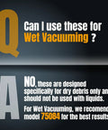 Text image stating Shop Vac Bags 12 To 16 Gallon Replacement Kit VF3502 Size A 10 Pack not for wet vacuum use, alternative model 75084 recommended.