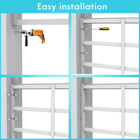 Easy installation process for Beefy Kid Proof Window Guard Fixed Child Safety Barrier with tools and smooth white finish.