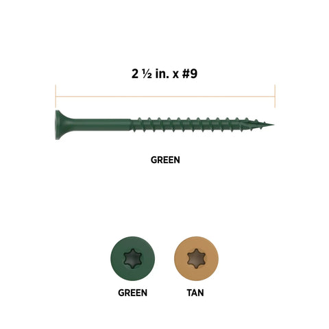 Top Shelf Green Deck Screws Two And A Half Inch Star Drive Bugle Head For Exterior Woodwork Built Like A Tank For Smooth Decking Jobs No Prep Work Needed Heavy Duty Bulk Pack Driver Bit Included. Green bugle head screw 2.5 inch size.