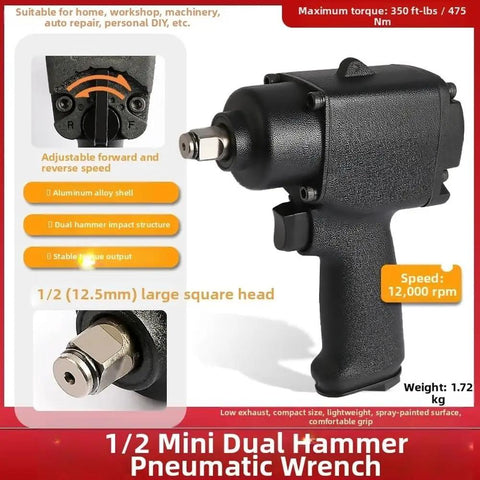 Pro Grade 1/2 Inch Pneumatic Impact Wrench With 475Nm Torque And 3 Forward Reverse Speeds For Auto Repair Lightweight Alloy Build With Non Slip Grip Kicks Up To 12000 RPM To Crack Seized Bolts And Finish Job Fast On Your Rig showing adjustable speed settings and square head.