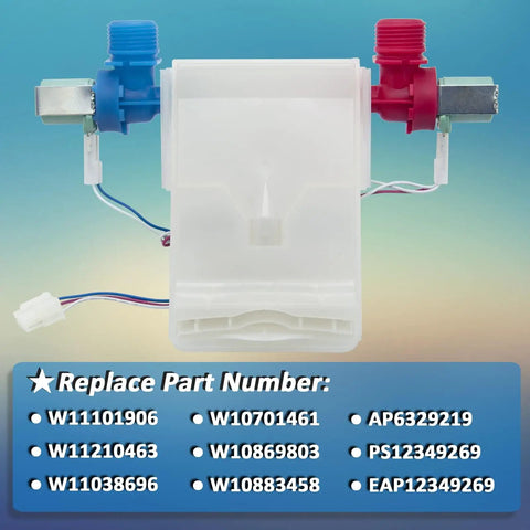 Washer Water Inlet Valve Replacement For Whirlpool Amana Crosley Maytag W11101906 with blue and red connectors.