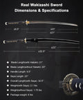 Unsharpened Stainless Steel Wakizashi Iaito dimensions, 21 inch blade, with dragon tsuba for Iaido practice and display.