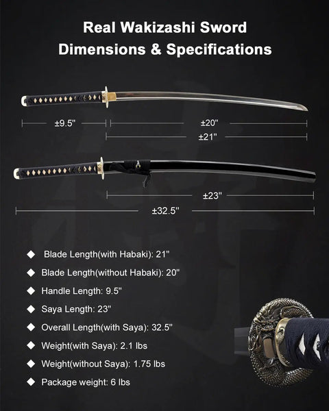 Unsharpened Stainless Steel Wakizashi Iaito dimensions, 21 inch blade, with dragon tsuba for Iaido practice and display.