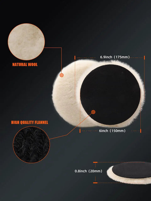 Wool Buffing Polishing Pads Set For 6 Inch Car Polisher, 3 Pack (150mm) showing dimensions and material details.