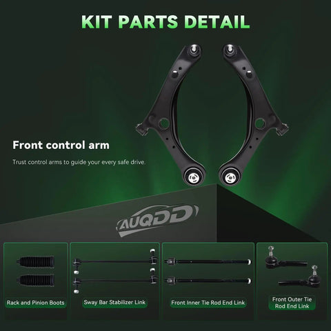 Front End Suspension Kit for Dodge Grand Caravan 08 20 and Chrysler Town and Country 08 16 and Routan 09 11 and Ram CV 12 15 Includes 2 Front Lower Control Arms With Ball Joints, 2 Sway Bar Links, And 4 Tie Rod Ends parts overview diagram