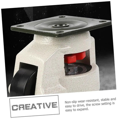 Heavy Hitter Adjustable Leveling Casters Set With Swivel Plate Mount showing a close-up of a white caster with a sturdy bracket.