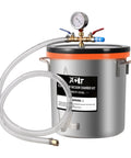 Front view of PB Motor Tech 9-Gallon stainless steel vacuum chamber with orange-rimmed lid, gauge, and clear hoses.