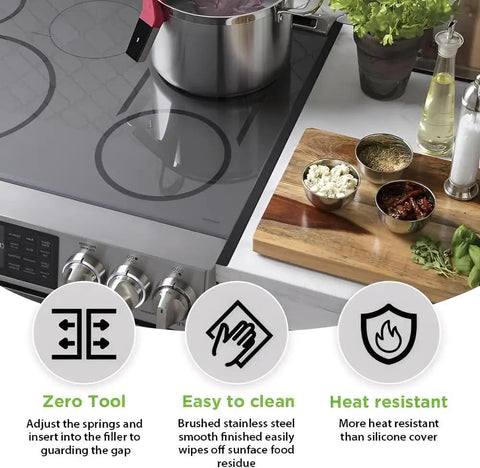 Image showing stove with 23.4 inch matte black stainless steel gap covers between oven and countertop, heat resistant, easy to clean.
