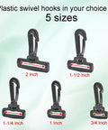 Top Shelf 12 Piece Plastic Swivel Snap Hooks For 1 Inch Webbing Straps in five different sizes displayed.