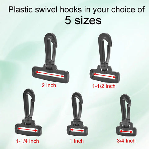 Top Shelf 12 Piece Plastic Swivel Snap Hooks For 1 Inch Webbing Straps in five different sizes displayed.