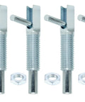 Four Pack M12 Retractable Indexing Plunger Pins Crafted From Heavy Duty Carbon Steel With Rock Solid Spring Loaded Latches And Easy Pull L Shaped Handles For Reliable Job Site Use shown in close-up with nuts.