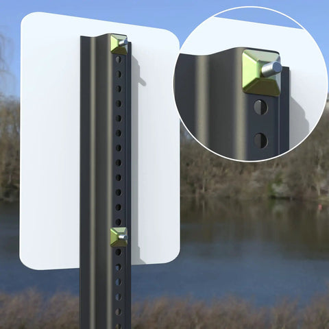 Heavy Duty 4 Pack Anti Theft Sign Mounting Hardware Kit for U Channel Posts and Tubular Posts in outdoor setting close-up