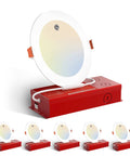 Six Pack Six Inch Led Emergency Recessed Can Lights Featuring A Real Deal Ninety Minute Battery Backup And Smooth Self Test Button For Zero Stress Power Outage Survival, showing round LED light on red battery backup.