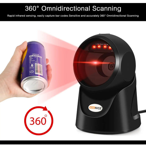 Omnidirectional Barcode Scanner For Lightning Fast Hands Free Data Capture Desktop USB Wired 1D 2D QR Code Reader scanning a can