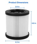 Pro Grade Washable Vacuum Filter Set Four Pack dimensions: 4.6 in height, 2.0 in top diameter, 4.3 in base diameter