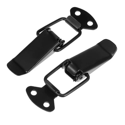 Universal Car Bumper Security Hook Lock Clips Quick Release Hooks For Trunk Bumpers And Fenders Must Have Black 80x28mm Durable Heavy Duty Fits Most Cars Easy Install 2 Pack displayed side by side on white background.