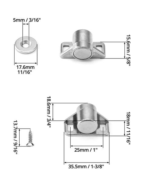 Eight To Nine Pound Magnetic Door Latch Kit For Cabinets Eight Pack Silver Zinc Alloy Magnets dimensions and components