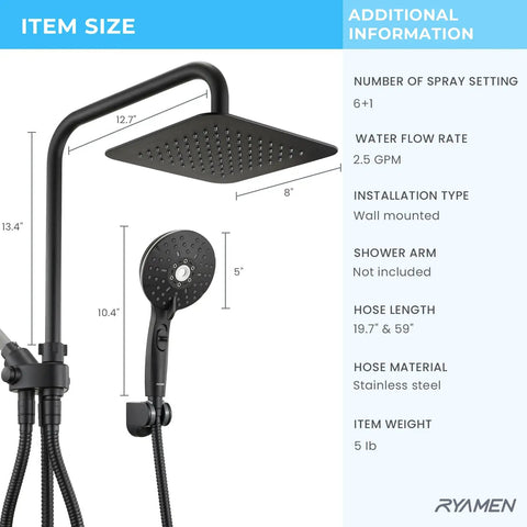 8 Inch High Pressure Rain Shower Head With Handheld Spray Duo Shower Head Set, matte black, wall-mounted with measurements.