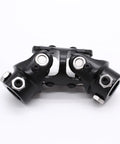 Upgrade Your Ride With This Super Strong 3/4 By 3/4 Inch Double Steering U Joint Universal Shaft Coupler Built From Premium Metal For Smooth Driving And Long Lasting Performance On Any Car Or Truck. black metal double steering U joint coupler, 3/4 x 3/4 inch, front view