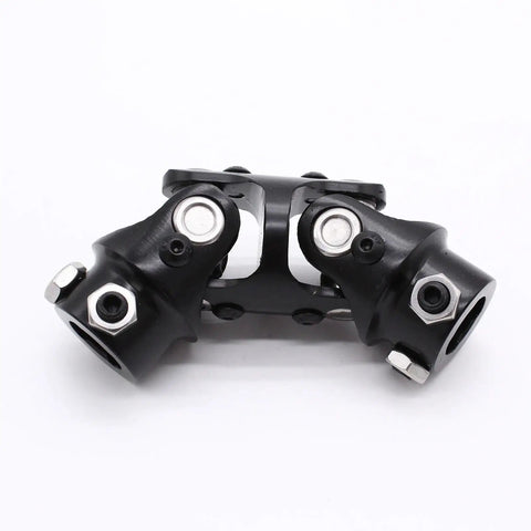 Upgrade Your Ride With This Super Strong 3/4 By 3/4 Inch Double Steering U Joint Universal Shaft Coupler Built From Premium Metal For Smooth Driving And Long Lasting Performance On Any Car Or Truck. black metal double steering U joint coupler, 3/4 x 3/4 inch, front view