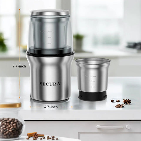 Electric Coffee And Spice Grinder With Dual Stainless Steel Blades And Removable Bowls Pulse Control And Clear Double Lid