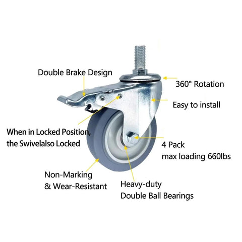 Badass Heavy Duty Three Inch Swivel Casters With Brakes And Threaded Stems For Workbenches Tool Carts rubber wheels with double brakes.