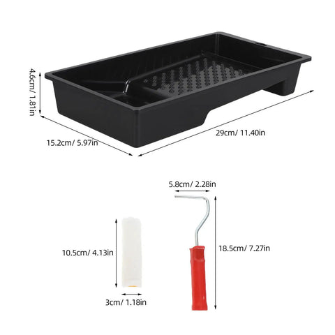 Grab This Killer 4 Inch Mini Paint Roller Kit With Tray For Flawless Furniture And Door Touch Ups Designed For Easy Home Reno Projects And Quick Fixes To Tackle Tight Corners With No Sweat, featuring a black tray and mini roller.