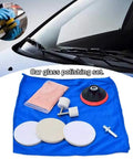Easy Glass Fix Kit 9 Piece Set with cerium oxide powder, polishing pads, felt wheel shown on windshield and accessories display.