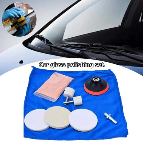Car Glass Polishing Kit With Cerium Oxide Powder 70g 9 Piece Set includes towel, polish pad, and felt wheel on windshield