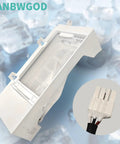W11455232 Ice Maker Replacement for Refrigerator with ABS AS plastic and metal connector detail against ice background.